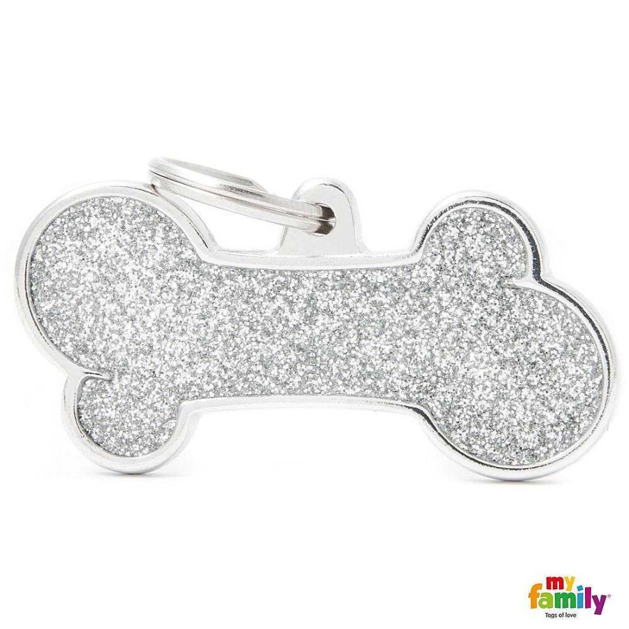 Wear My Family Id Tags & Accessories | Silver Glitter X-Large Bone Dog Tag