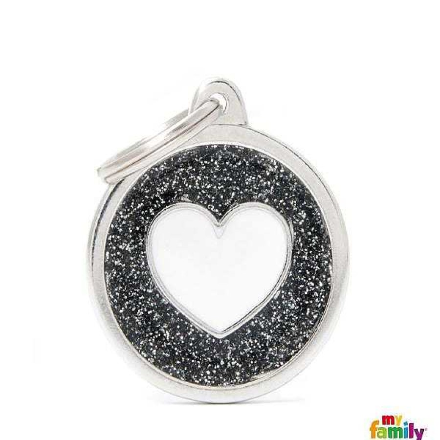 Wear My Family Id Tags & Accessories | Shine Big Circle Black Glitter White Heart Id Tag