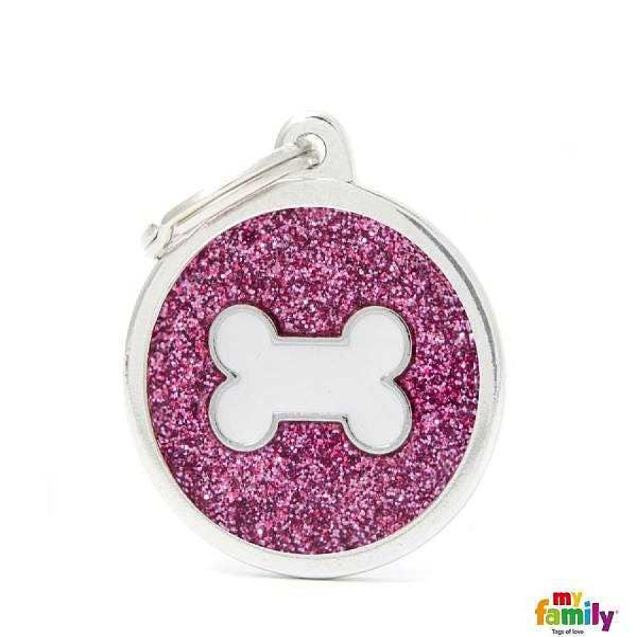 Wear My Family Id Tags & Accessories | Shine Big Circle Pink Glitter White Bone Id Tag