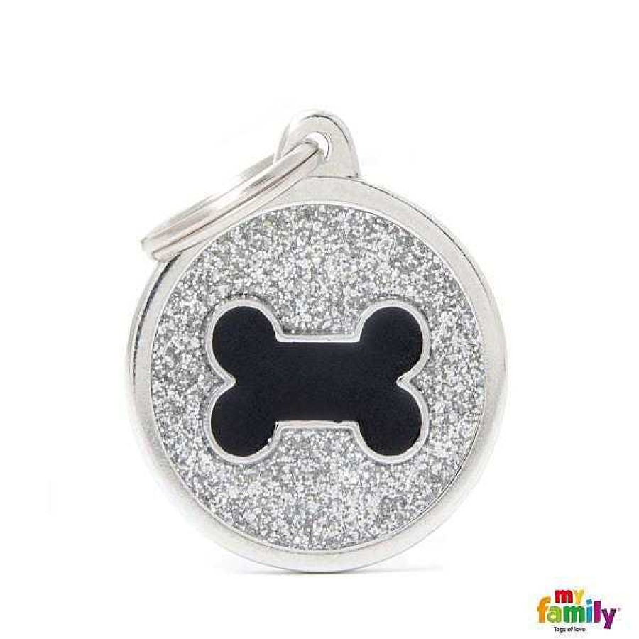 Wear My Family Id Tags & Accessories | Shine Big Circle Grey Glitter Black Bone Id Tag