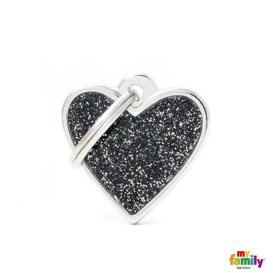 Wear My Family Id Tags & Accessories | Black Glitter Heart Small Dog Tag